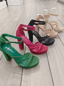 StellaMeli PU und Glitzer High Heel Sandalen mit Plateau und 3 Bändern am Rist, 11cm stilvolle Sandalen, Sommer Sandalen für Frauen - Schwarz - Übersicht 3