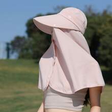 1pc Solid Color Large Brim Hat With Detachable Face Mask, Shoulder Cape For Sun Protection Polyester, Spring Season