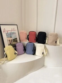 1 件简约纯色斜挎手机包，轻巧多功能，配有前袋和可折叠肩带，适合男孩和女孩，非常适合日常外出、上学等。 - 純色斜背包 - 查看 1