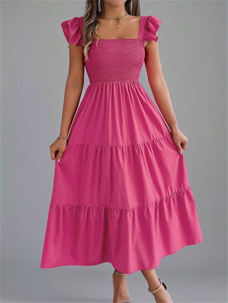 New Summer Square Neck Rose Red Dress Tiered Smocked Backless Sleeveless Pure Color Midi Slip Beach Cover Up Resort Ready Womens Vacation Sundress - 玫紅色 - 查看 1