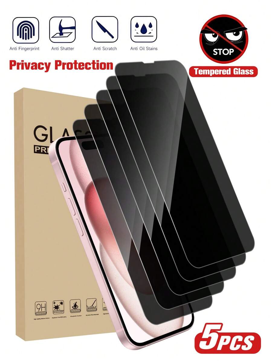 5pcs Privacy Screen Protector, Compatible With Apple 17/17Pro/17Promax/16 Promax, Anti-Peeping Tempered Glass Protective Case, Anti-Scratch, Anti-Shock, Anti-Oil, Anti-Fingerprint Coating - 5 Piece Pack - View 1