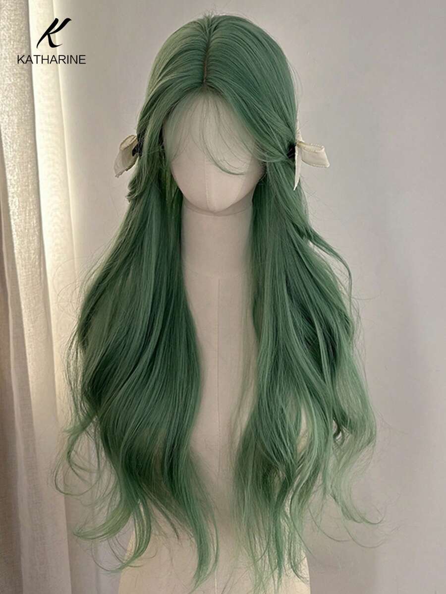 KATHARINE (Excluding Accessories)26 Inches Long U Part Lace Synthetic Heat-Resistant Hairpiece In Wavy Green Wig, Made From Fiber, Suitable For Daily Use Halloween Party - 橄欖綠 - 查看 1