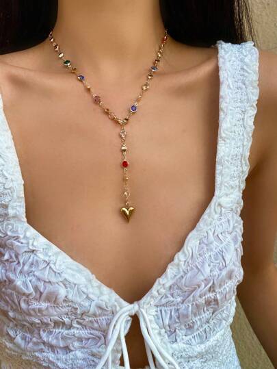 1pc Random Color Colored Glass Heart & Faux Pearl Y-Necklace, Sparkling Pendant Necklace For Everyday Wear, Dates, Parties, Holidays, Anniversaries, Birthdays, Elegant, Luxury, Minimalistic, Adorable