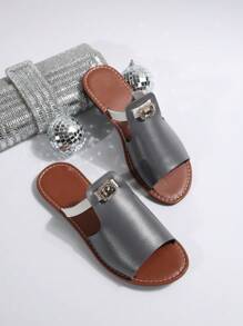 Women's Fashion Casual Color Block Cute Rhinestone Thong Sandals, Beach Slippers - Brown Gray - View 7