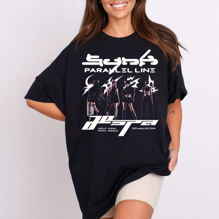 AESPA Synk Parallel Line Tour-Shirt, Giselle Aespa-Shirt, Aespa Whiplash-Shirt, Karina Aespa Kpop-Shirt, Aespa Winter-Shirt, Aespa Merch-T-Shirt - 黑色 - 查看 1