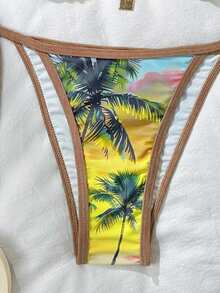 2 件女士热带植物印花波西米亚风格比基尼套装，性感泳装