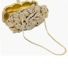 Rose Flower Crystal Purses Sparkly Rhinestone Evening Clutch For Women Wedding Party Cocktail Handbags - 金色 - 查看 5