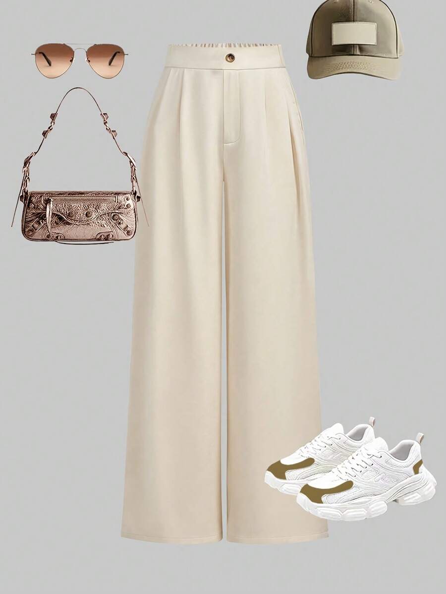 女童时尚高腰阔腿裤，优雅长裤 - 杏色 - 查看 1