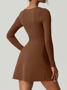 Women Plus Size Slim Fit Short Dress Solid Color Long Sleeve Square Neck Split Hem Party Dress