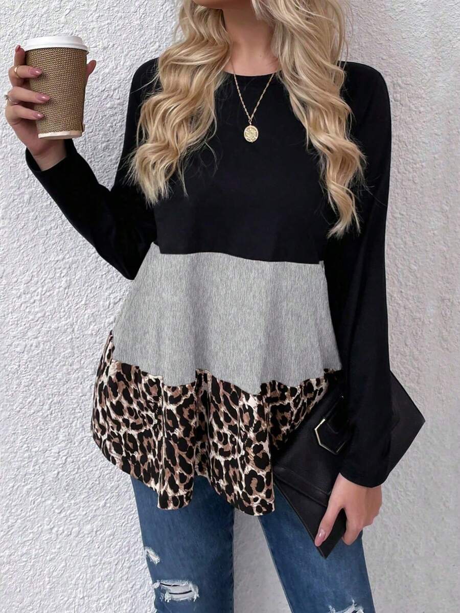 女士豹纹印花 T 恤时尚休闲日常舒适