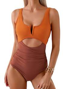 Women High Waist Monokini One Piece Swimsuit Bathing Suit Contrast Color Bikini Swimwear - Brown - View 2