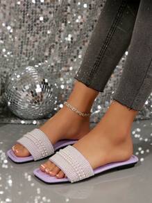 大码女式一脚蹬水钻装饰休闲凉鞋，户外塑料平底拖鞋 - 紫色 - 查看 3