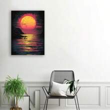 Framed Vibrant Sunset Over Ocean Print, Modern Home Decor For Living Room, Bedroom, Dining Room