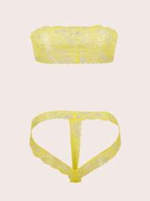 2pcs/Set Women's Solid Color Sexy Lace Ultra-Short Panties, Lightweight Breathable Fabric - Yellow - View 2