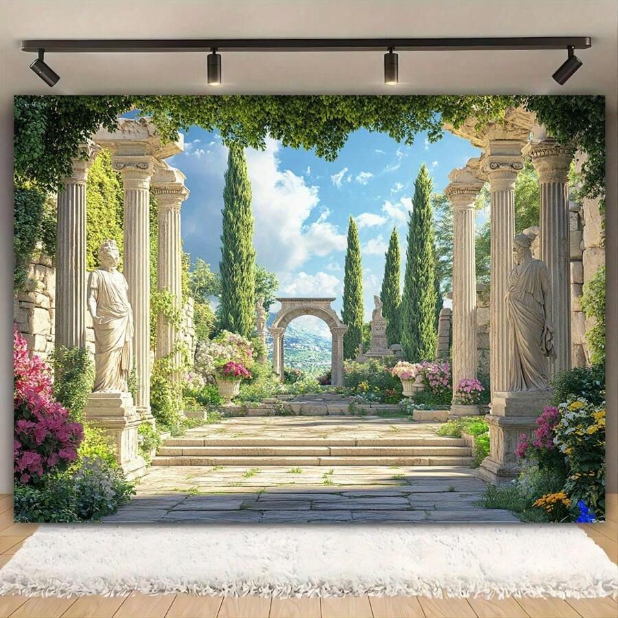 1 件聚酯纤维浪漫希腊宫殿花园墙壁背景，多用途派对横幅，古代石拱门印刷摄影背景，节日婚礼墙壁装饰，无需电源 - 1個 - 查看 1