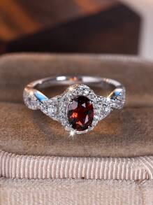 1 件奢华迷人红色圆形合成锆石女士 925 纯银订婚/结婚戒指，周年纪念礼物