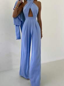 Conjunto de 2 piezas para mujer: Chaqueta tipo blazer casual y mono sexy con espalda descubierta y lazo al frente, perfecto para uso diario, oficina, trabajo, fiestas de Navidad, Año Nuevo y San Valentín