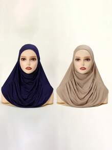 2pcs Women Solid Color Instant Hijab Set, Prayer Casual Pleated Headscarf Combination, Multi-Color Options, Practical Headscarf, Tudong, Instant Long Khimar Hijab, Suitable For Daily Wear All Seasons