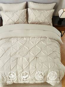 5Pcs/7-Pcs Queen Pinched Pleat Bed Comforter Sets Queen  - Luxurious, Soft, Breathable, Hypoallergenic, And Cooling Summer Bedding For All Seasons With Sheets, Pinched Pleat   Design, And Bed-In-A-Bag Convenience - Easy Care, Machine Washable, And Durable,  Ideal Gift - 卡其色 - 查看 4