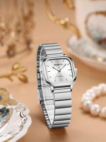 1 件女士方形简约钢带休闲石英腕表，适合日常佩戴 - 白色 - 查看 1