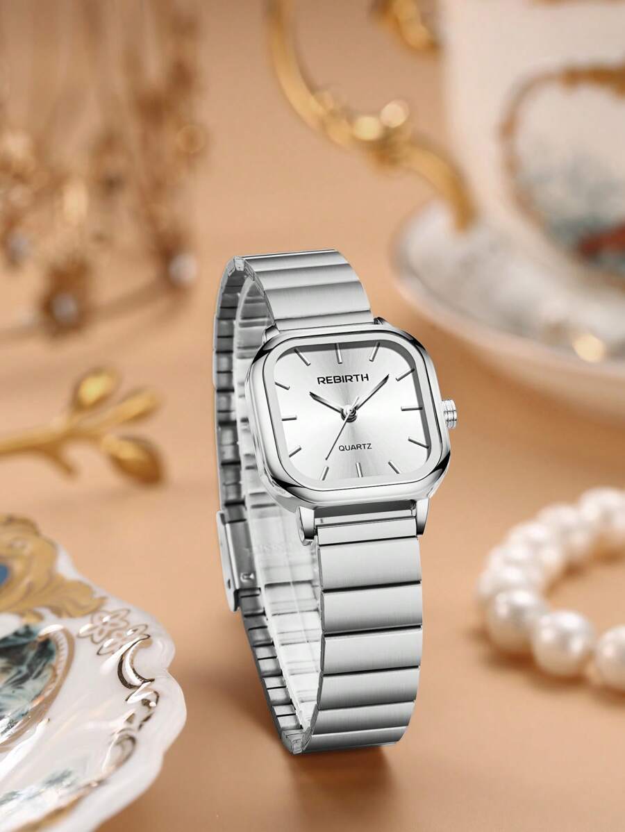 1 件女士方形简约钢带休闲石英腕表，适合日常佩戴 - 白色 - 查看 1