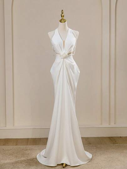 Elegant Satin V-Neck Pearl Chain Hollow Sexy Backless Party/Wedding Dress, Glamour For Party, Banquet, Vacation