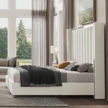 Queen/King Velvet Bed Frame 58 Inch Tall Wingback Headboard Channel Tufted Plating Trim Chrome Legs Modern Bedroom Furniture, White - 白色 - 查看 6