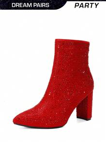 Women's Chunky Heel Ankle Booties Pointed Toe Short Boots - Đỏ - Xem 4