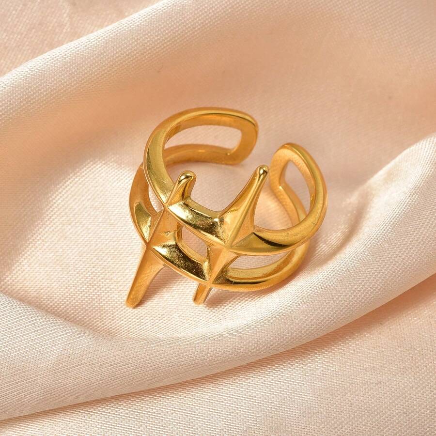 Hip-Hop Exaggerated Fashion 18k Gold-Plated Stainless Steel Star Open Ring For Men And Women