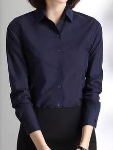Camisa azul marino, ropa de trabajo formal profesional, blusa de manga larga, nueva colección primavera otoño invierno 2026 para mujer, forro de algodón azul marino para negocios - Azul Marino - Ver 7
