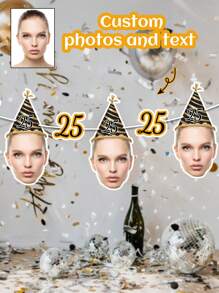 7/14/21 Pc Customized Photos Personalized Age Banner Decorative Ribbon With Gold Crown And Pink Ribbon - Paper Flags Suitable For 18th, 21st, 30th, 40th, 50th, 60th Birthday Celebrations, Anniversaries, Retirement Parties. Room, Garden, High Chair Decorations, Festive Banner Designs, Anniversary Decorations. - Beige - View 1