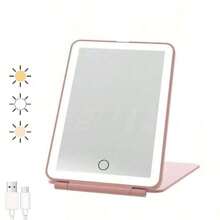 Espejo de maquillaje portátil recargable por USB con 3 colores de luz, superficie pulida, espejo plegable y recargable con batería de litio, compatible con vidrio, sin olor