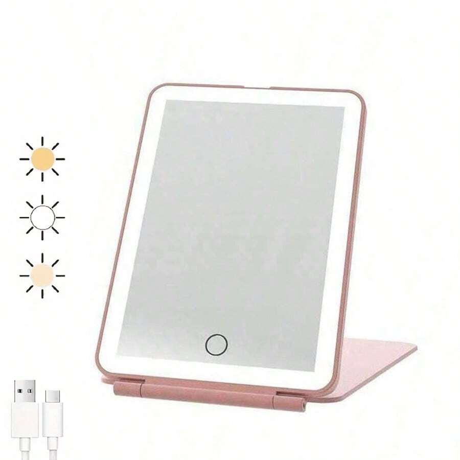 Espejo de maquillaje portátil recargable por USB con 3 colores de luz, superficie pulida, espejo plegable y recargable con batería de litio, compatible con vidrio, sin olor