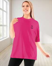 Oversized T-Shirt For Women Cotton T-Shirt Round Neck Short Sleeves Dropped Shoulders Loose Relaxed Fit Casual Or Sporty - 玫紅色 - 查看 1