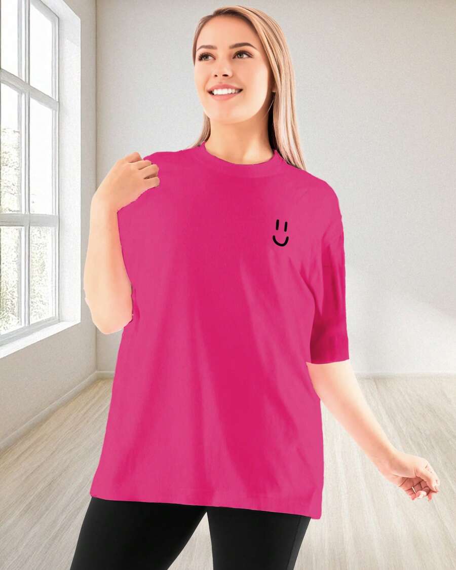 Oversized T-Shirt For Women Cotton T-Shirt Round Neck Short Sleeves Dropped Shoulders Loose Relaxed Fit Casual Or Sporty - 玫紅色 - 查看 1