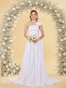 Proste satynowe asymetryczne suknie ślubne z odkrytymi ramionami, długie z kokardą dla kobiet, tren z opadającymi ramionami, suknie balowe z falbaniastym dołem, linia dekoltu, sznurowane plecy, linia A, panna młoda - Biały - Zobacz 1