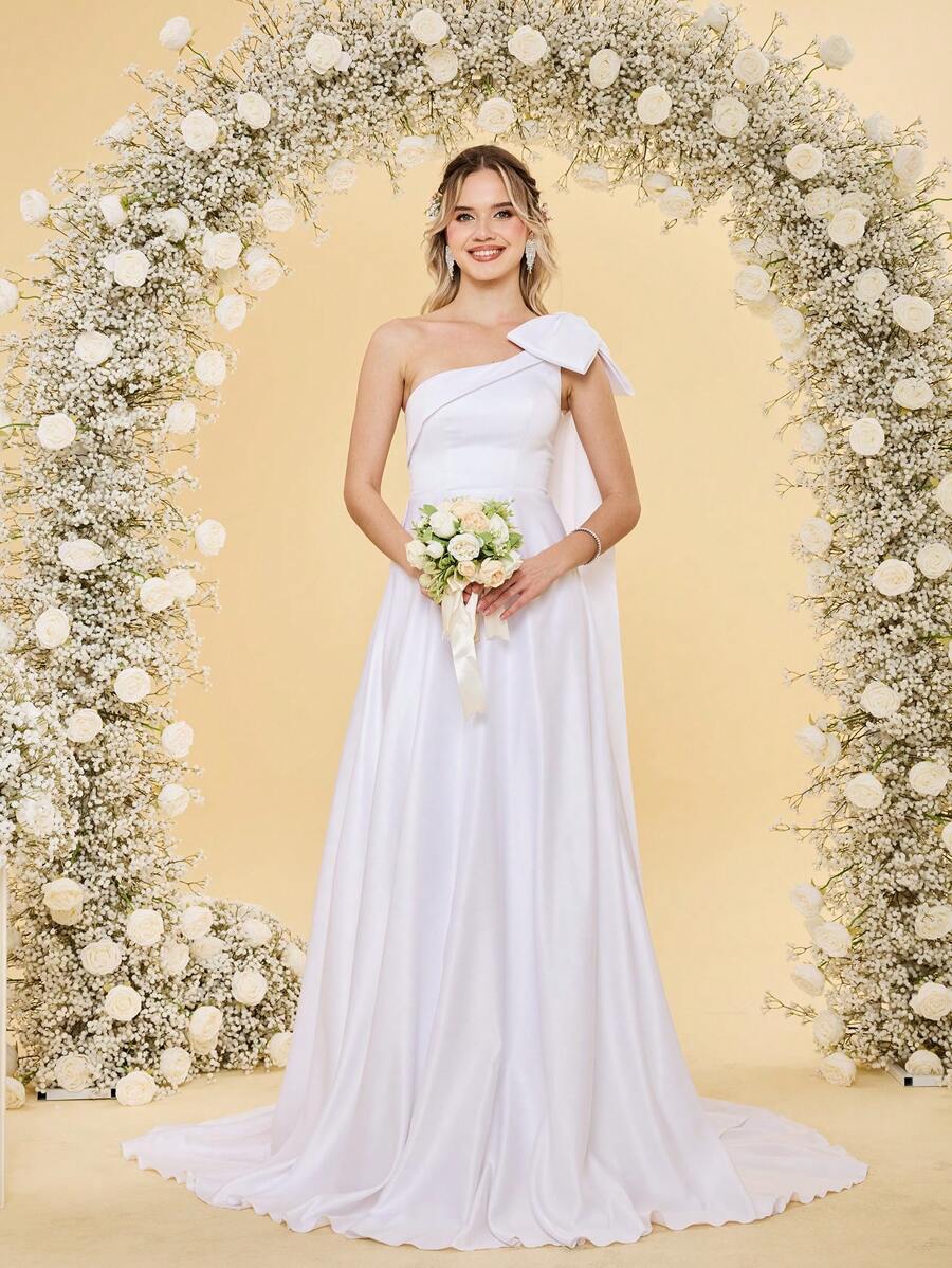 Proste satynowe asymetryczne suknie ślubne z odkrytymi ramionami, długie z kokardą dla kobiet, tren z opadającymi ramionami, suknie balowe z falbaniastym dołem, linia dekoltu, sznurowane plecy, linia A, panna młoda - Biały - Zobacz 1