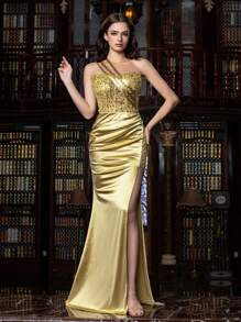 Faeriesty 优雅单肩串珠紧身胸衣开叉大腿晚礼服、派对礼服、婚礼宾客礼服、正式礼服