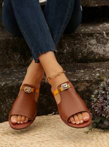Women's Fashion Casual Color-Block Rhinestone Decorated Open Toe Flat Sandals, Beach Slippers