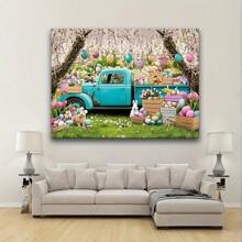 1pc Easter Photography Backdrop - Vibrant Spring Design With Blue Truck, Colorful Eggs, Flowers, Bunnies And Tulip Floral Forest Scene, Polyester Fabric, Great For Photo Booth Props And Party Decoration Backdrop, Festival Accessories | Floral Festival Backdrop | Polyester Fabric Background, Easter Outdoor Decor