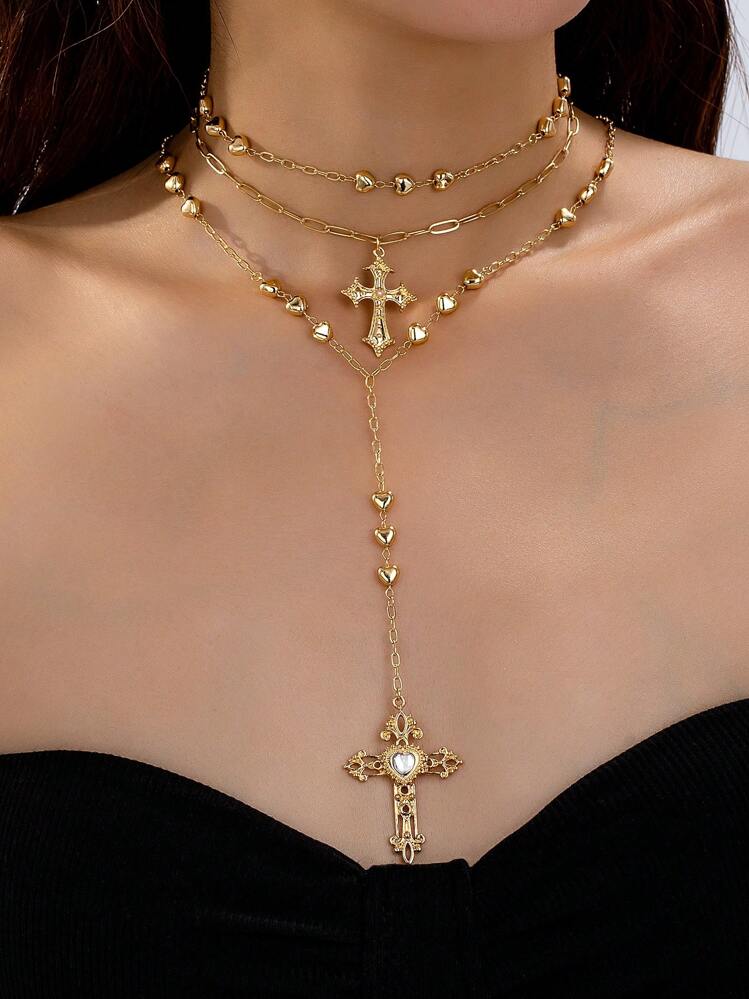 1 pièce Collier pendentif chaîne croix couleur or en forme de cœur, colliers superposés, ensemble de bijoux croix