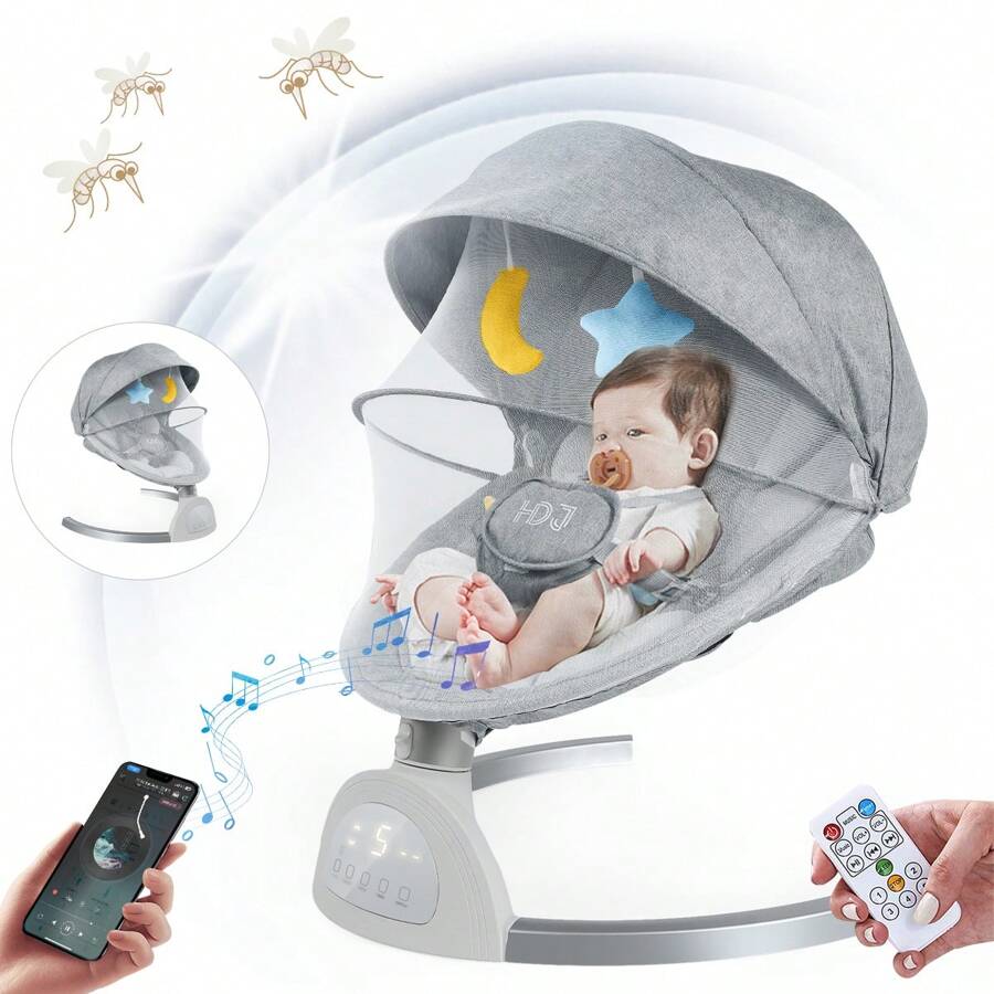 Silla mecedora para bebe,Moisés Plegable Con Colchón Y Mosquitero,mando a distancia,bluetooth - Gris - Ver 1