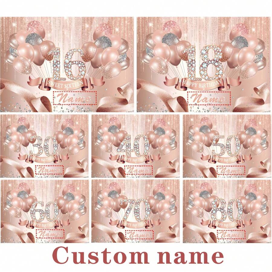 Pancarta de fondo personalizada Nombre: Feliz cumpleaños, 16º y 18º, 30º, 40º, 50º, 60º, 70º, 80º Decoraciones de fiesta de cumpleaños con globos rosas brillantes, decoración de la mesa del pastel con nombre personalizado, material base de etileno, calidad de fotografía de fondo, artículos para despedida de soltera - Multicolor - Ver 1