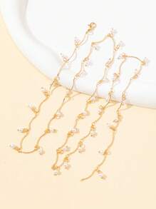1pc Golden Wavy Stick Faux Pearl Y-Shape Blingbling Pendant Necklace, Valentines Gift, Sparkling Decoration For Parties, Deep V Sweater Chain, Birthday Present, Bohemian Style - Yellow Gold - View 4