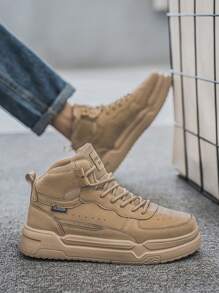 (Runs Small) Fashionable Retro Khaki Letter Decor Couple Shoes, Lightweight Versatile Comfortable High-Top Casual Sneakers, Unisex Outdoor Sports Shoes