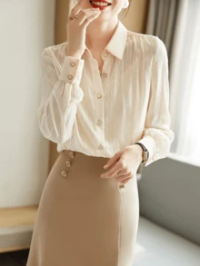 YUXIN Elegancka francuska bluzka z szyfonu z kołnierzykiem polo, wiosenne nowości, prążkowany żakardowy wzór, długi rękaw - Morela - Zobacz 3