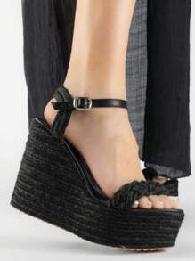 SHEIN ALPARGATAS DE MUJER DE YUTE SANALIAS DE TRENZA CON PLATAFORMA DE YUTE ALPARGATA DE CONFORT ACOLCHONAS SANDALIAS ABIERTAS ZAPATOS PARA PLAYA DE MUJER WOMAN SHOES - Negro - Ver 1