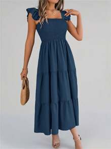 Summer New Solid Color Square Neck Backless Casual Shirred Frill Trim Sleeveless A-Line Dress, Navy Blue - Navy Blue - View 5