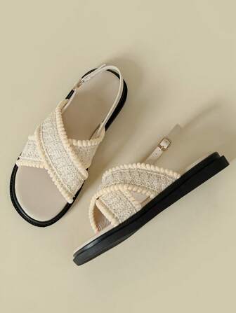 2025 Spring/Autumn Thick Sole Strap Buckle Sandals, Open Toe Wedge Heel Retro Bohemian Beach Vacation Soft Bottom Non-Slip Comfortable Tassel Woven Mesh Casual Shoes, Plus Size Women 41-43, Apricot Round Toe Criss-Cross Strap Roman Sandals