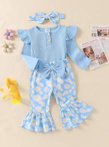Baby Girls 3 Piece Outfits Set Ribbed Long Sleeves Romper And Daisy Print Elastic Flared Pants Headband Set Spring Fall Clothes - Blue - View 3